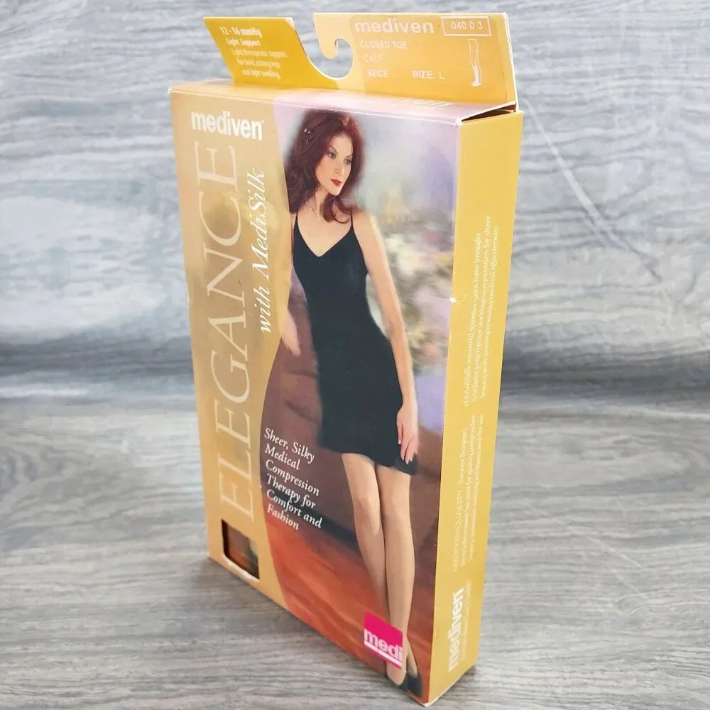 MEDIVEN Elegance  Calf Compression Closed- Toe Stockings Size L Beige 12-16 mmHg